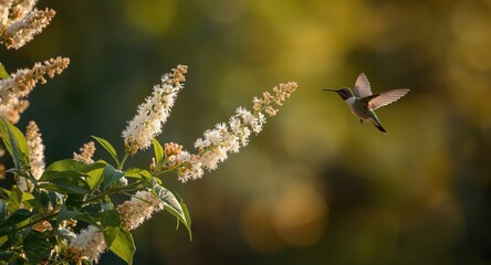 Fototapeta premium Sweet pepper shrub flowering with white panicles attracting hummingbird