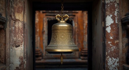 Obraz premium Textured golden bell featuring detailed floral designs mounted on an ancient temple entrance