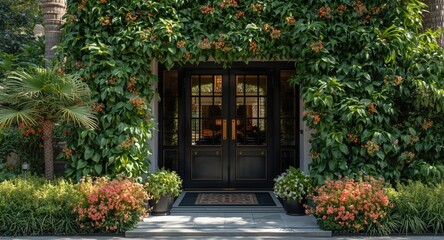 Fototapeta premium Stylish entrance with vibrant greenery welcoming guests