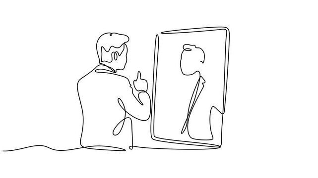 Animated self drawing of single continuous line draw businessman loves to look at reflection in mirror with thumbs up, Full length one line animation, Drawing of businessman looking into mirror self.