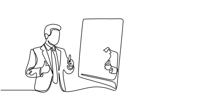 Animated self drawing of single continuous line draw businessman loves to look at reflection in mirror with thumbs up, Full length one line animation, Drawing of businessman looking into mirror self.