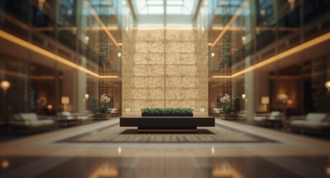 Sophisticated hotel atrium with ambient glow and blurred textured backdrop including clear glass walls