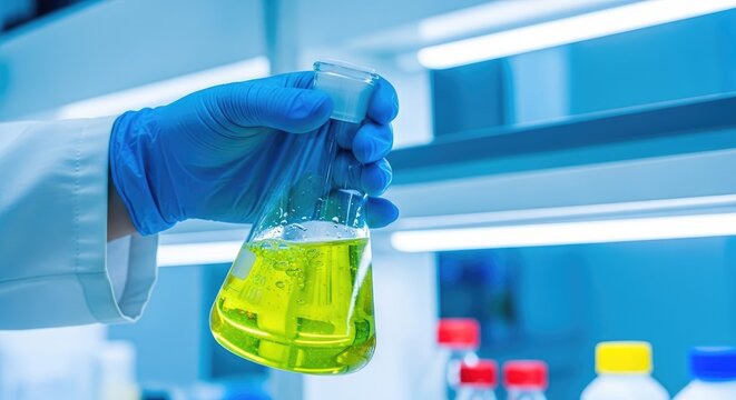 Scientist in lab holding beaker with yellow liquid, examining contents closely, with various bottles in background