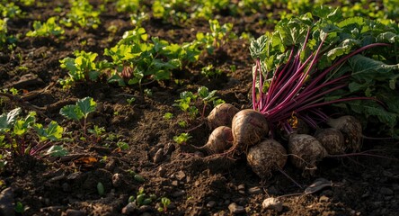 Sugar beet crop with vibrant colors on natural farm soil during harvest
