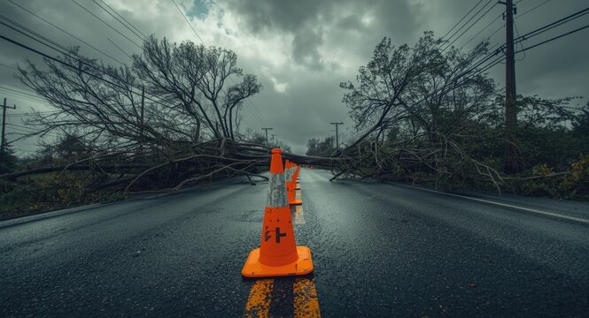 Traffic cones marking road closure caused by fallen trees and downed power cables after severe winds