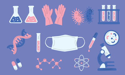 Scientific Laboratory and Medical Research Icon Set with DNA, Microscope, Test Tubes, Bacteria, Molecule Structure and Protective Mask Vector Illustration