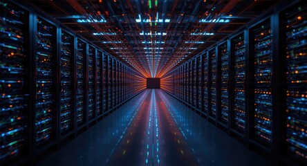 Obraz premium Extensive data center layout showing numerous operational servers enabling cloud database connectivity