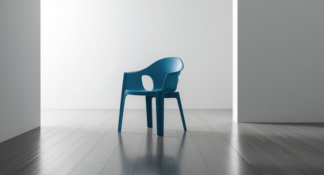 Minimalist blue plastic chair on polished wood floor surrounded by white surfaces