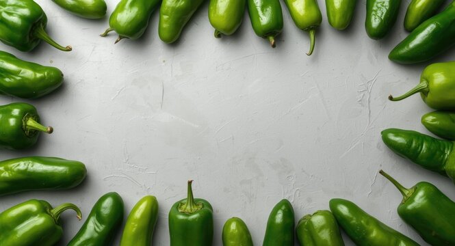 Copy space with green capsicum fruits displayed across a pale grey backdrop