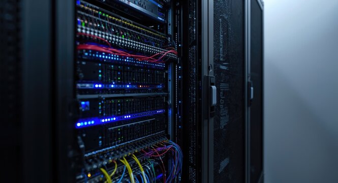 Colorful bright server rack with integrated processor and database systems