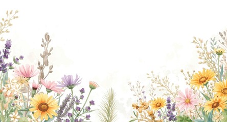 Fototapeta premium Watercolor bohemian bouquet with wildflowers and herbs accented by pampas grass border on white background for wedding invitation use