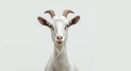 Fototapeta premium white goat holding a stately pose in a minimalist white background studio portrait