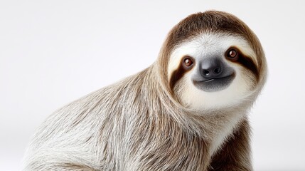 Fototapeta premium Cute sloth with brown and white fur sitting against a plain white background, showcasing its distinctive facial features and relaxed posture