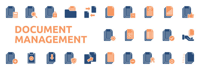 Document Management icon two color style with accounting, search, privacy, folder, clipboard icons