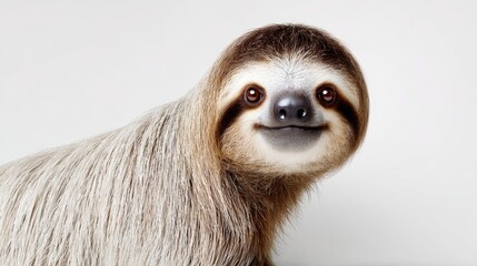 Fototapeta premium Sloth with a friendly expression and distinctive facial features, showcasing its long fur and unique coloration against a plain white background