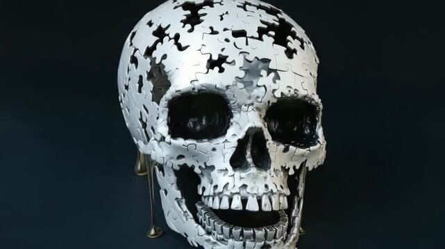 Melting puzzle skull with dripping pieces resembling flowing water