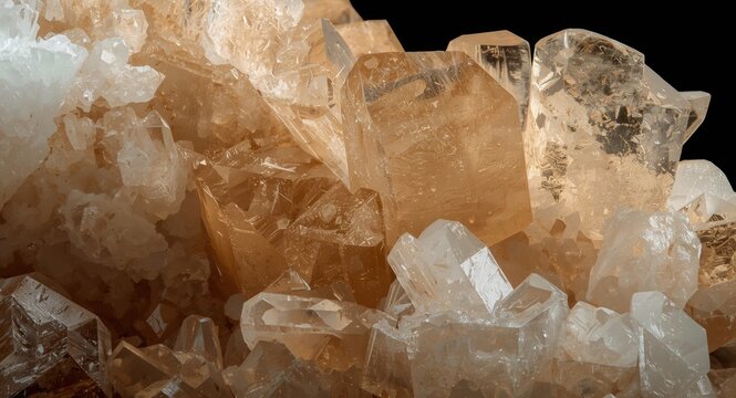 Detailed macro image of large barite mineral crystals with white base