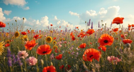 Vibrant landscape art showing a bright field packed with blooming red poppies and a variety of flowers in different colors and sizes