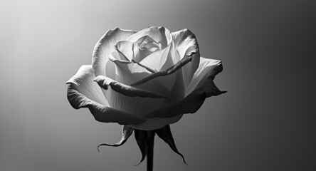 Artistic black and white image of a single rose bloom