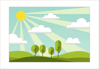 Fototapeta premium Animated background video of a sunny landscape with green hills, trees, and clouds against a blue sky with sun rays.
