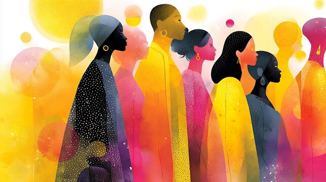 Stylized Holi festival background, flat memphis-boho hybrid illustration, abstract human silhouettes celebrating with color powders, layered geometric forms, soft pastel meets vivid neon accents