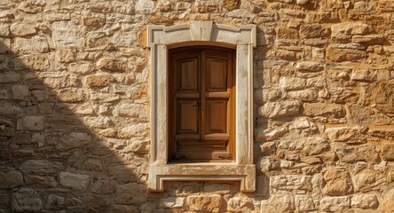 Fototapeta premium Mediterranean architecture showcasing rustic wooden window and stone background
