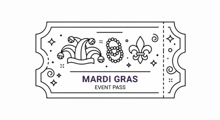 Mardi Gras event pass ticket in line art style with jester hat, beads, and fleur-de-lis. © Kumal