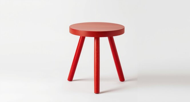 Wood based three leg stool in bright red on spotless white background for stylish rooms