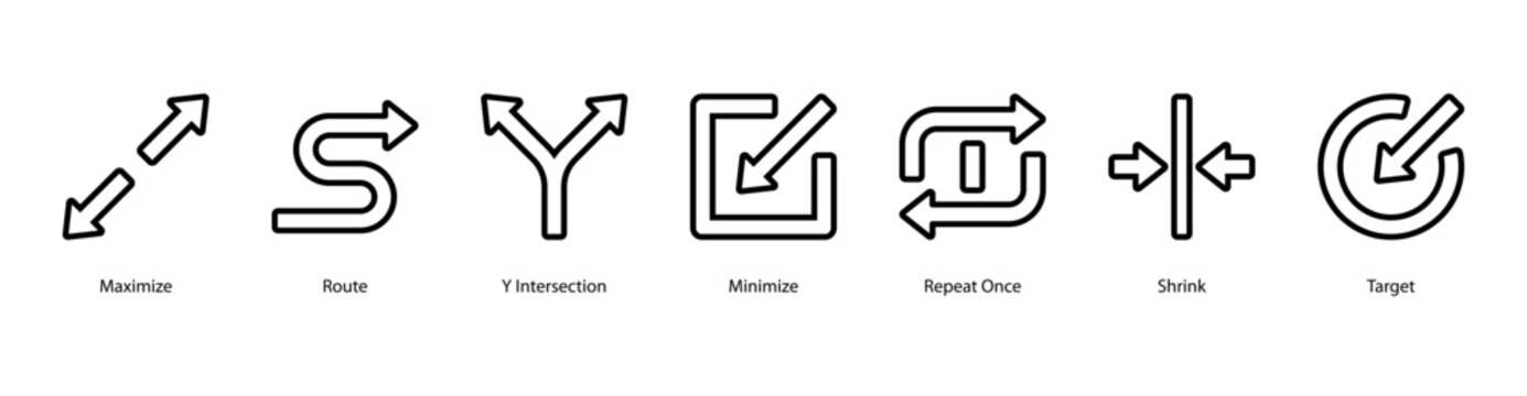 Pathways and Targets web banner featuring Maximize, Route, Y Intersection, Minimize, Repeat Once, Shrink, and Target, representing navigation paths, optimization, and goal setting.
