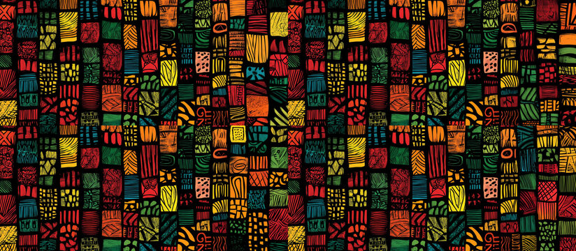 This vibrant, abstract pattern features a grid of hand-drawn blocks filled with colorful, rhythmic textures. The warm earth tones and bold black lines create a striking, african tribes aesthetic