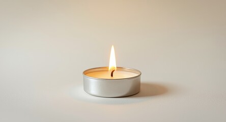 Single flame candle in a round aluminum holder on a clean white background for relaxation decor