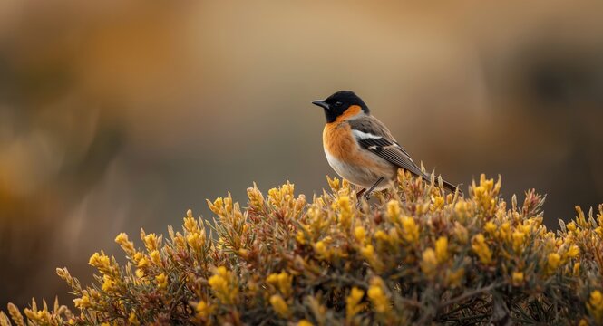 Male stonechat bird captured in natural environment on a blooming gorse bush