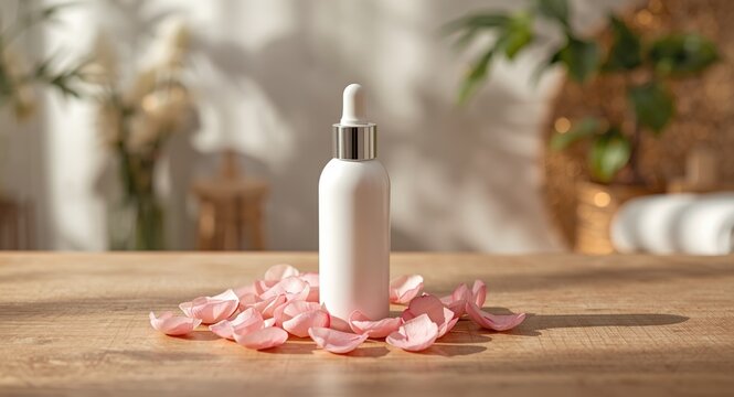 Serene spa beauty layout including white skincare bottle and rose petals on textured table