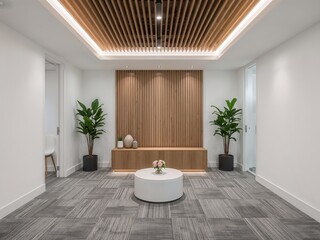 Fototapeta premium Elegant and modern waiting area featuring wood paneling, contemporary design, and indoor plants. The room is decorated in a modern style with neutral tones.