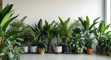 Fototapeta premium Natural themed office space with a variety of green potted plants and soft design
