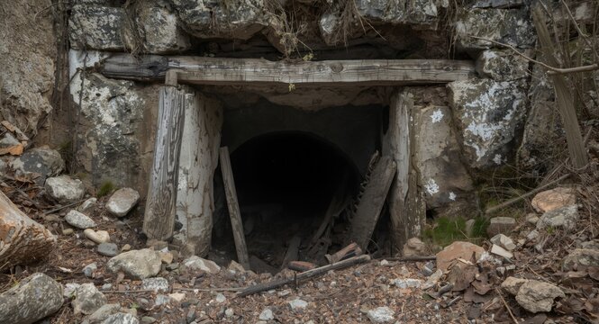 Old mining tunnel entrance with rustic wooden supports