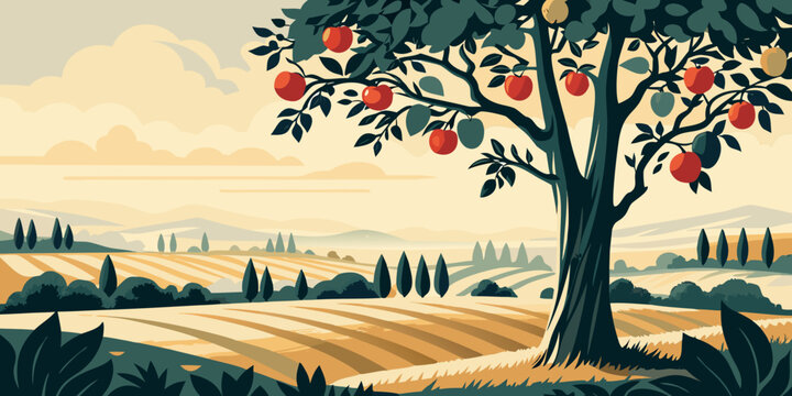 A stylized apple tree stands prominently in a rural landscape