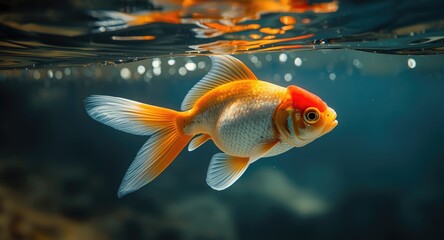 Vivacious orange and white goldfish gliding across clear water