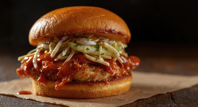 Tender barbecue chicken sandwich topped with fresh slaw and bold sauce on a buttery brioche bun