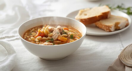 Traditional chicken orzo soup served hot with fresh bread on white crockery