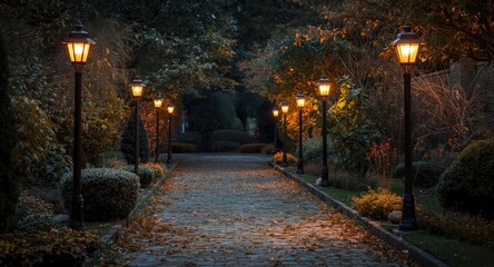 Fototapeta premium Soft Autumn Evening Glow over a Cobblestone Pathway and Warm Street Lamps in a Peaceful Garden
