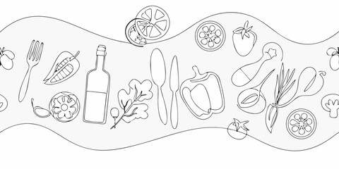 A continuous line drawing of food and kitchen items on white