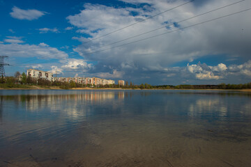 Fototapeta premium Chystoye Lake and Residential Areas in Sievierodonetsk Six Months Before War