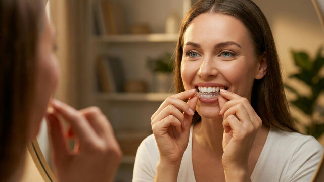 Happy Woman Inserting Clear Dental Aligner for Perfect Smile