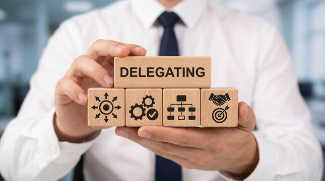 Delegating Leadership Business Organization Concept. Leader arranging wooden blocks with delegate concept. new