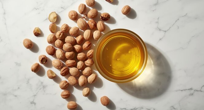 Overhead image showing macadamia nuts scattered next to a glass bowl of golden oil on a pristine white backdrop