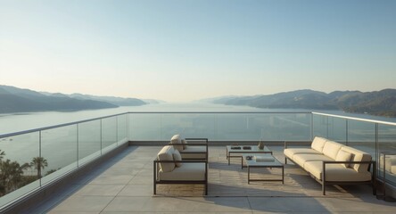 Obraz premium Tranquil penthouse outdoor setting featuring lake scenery and copy space