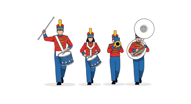 Marching Band Drum Major Leading Musicians Flat Vector Illustration Parade Performance Scene
