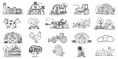 Hand drawn farm elements barns animals crops and rural landscape sketches © Shuvra Majumder