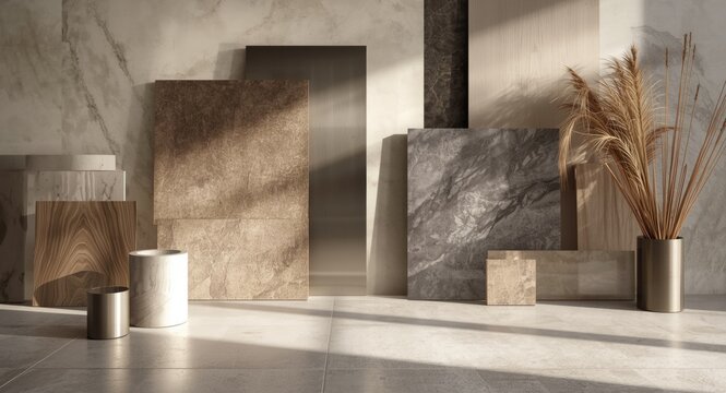 Curated home interior samples featuring laminated tiles and brushed stainless arranged with marble stone backdrop